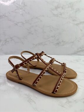 BAMBOO Brown T-Strap Stitched Gladiator Sandals
